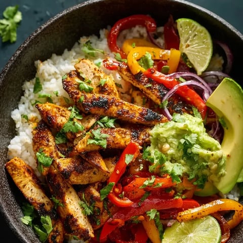 Un plato colorido con arroz, pollo, aguacate, tomates, pimientos y lima.