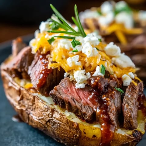 Bistec a la parrilla sobre una papa asada con salsa.