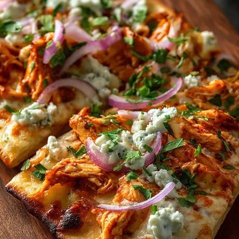 Mitad de un pan con pollo, cebolla, pimienta rosa y queso azul sobre una tabla de madera.