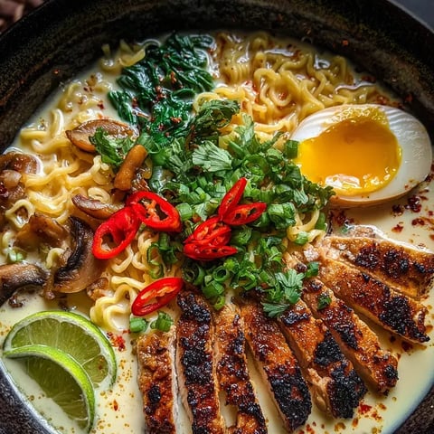 En la foto hay ramen mezclado con huevo, hongos y chile. El huevo está al centro, rodeado de los fideos, hongos y chile. Abajo a la izquierda se ve una lima para decorar.