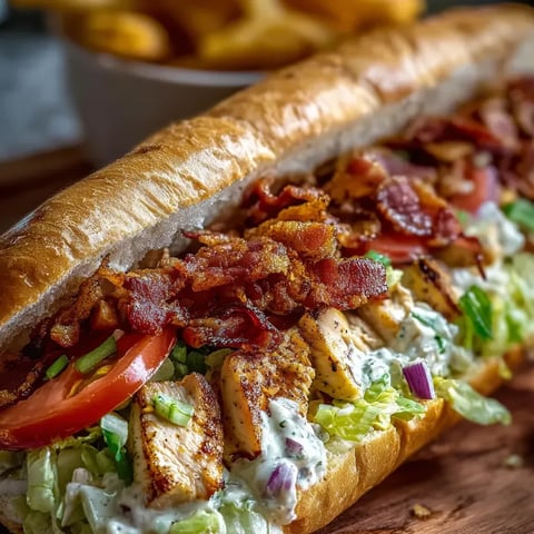 Un sub grande con bacon, tomate, lechuga y pollo.