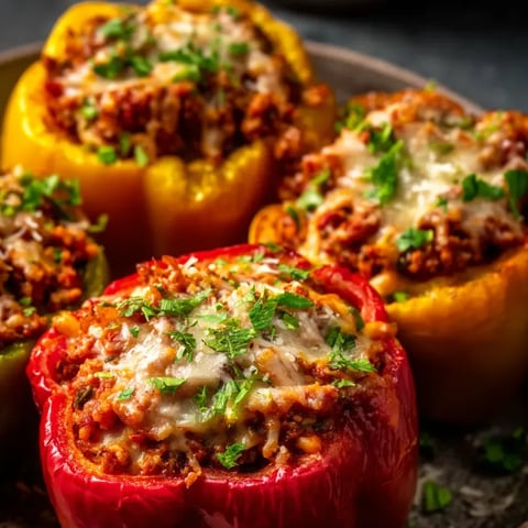 Pimiento rojo relleno con carne de res y queso.