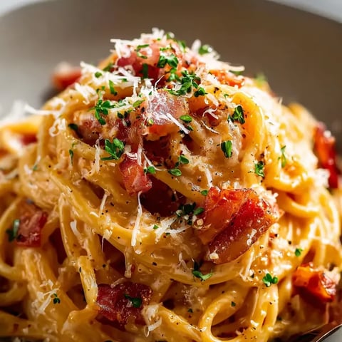 Una foto de pasta con bacon, parmesano y cebolla.