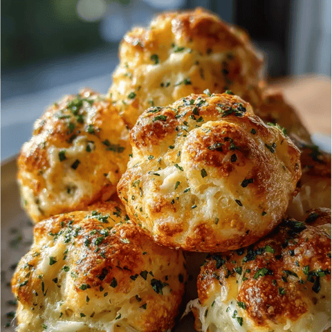 Un plato lleno de bolitas de papa y queso doradas con toques verdes.