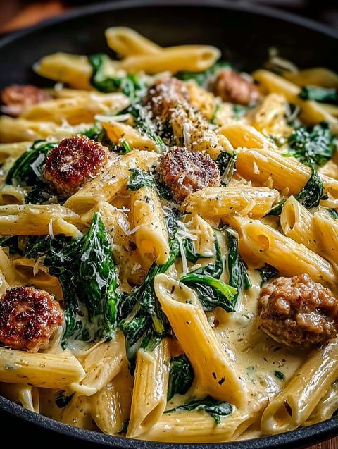 Delicioso penne cremoso con espinaca y salchicha italiana hecho en una sola sartén.
