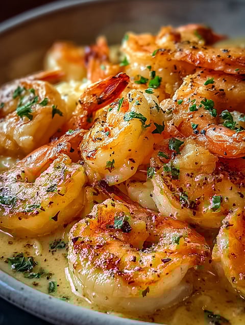 Plato de gambas scampi con salsa blanca