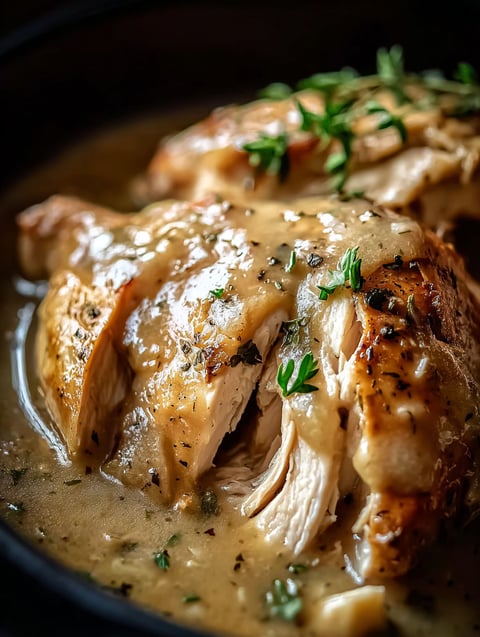 Un primer plano de una pechuga de pollo en olla lenta.