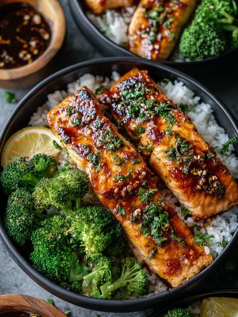 Un bowl con salmón, brócoli y arroz.