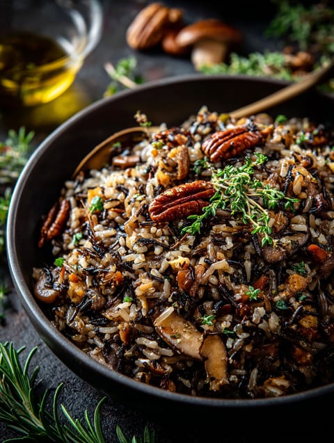 Un tazón de arroz con champiñones.
