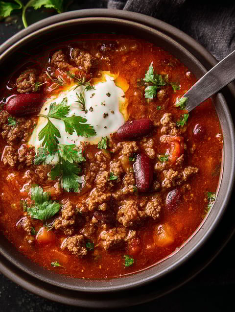 Un plato con sopa de carne estilo chili.