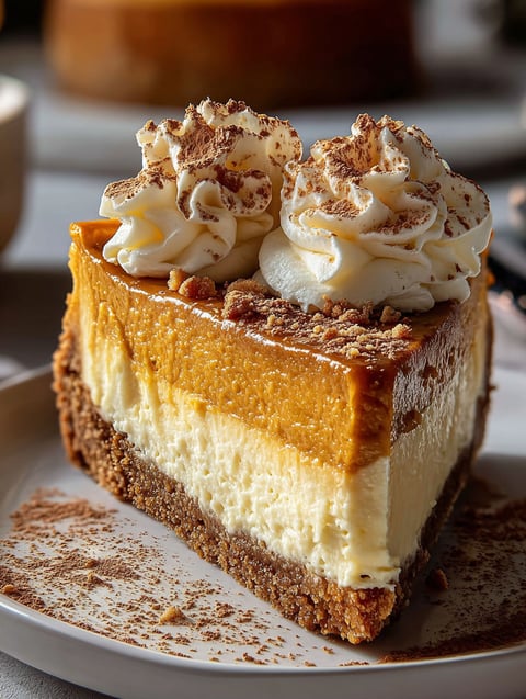 Una rebanada de cheesecake de calabaza con crema batida arriba.