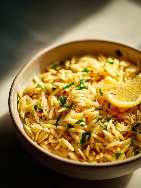 Un bol de pasta con una rodaja de limón encima.
