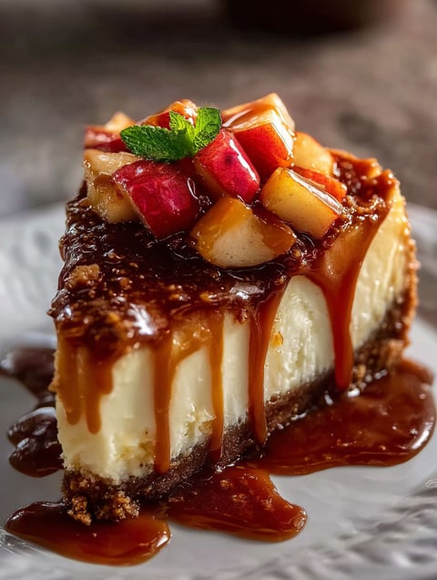 Una porción de cheesecake manzana caramelo.