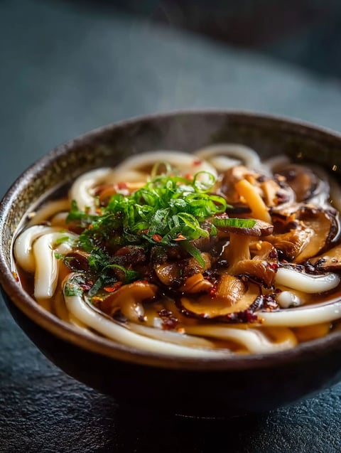 Un tazón de sopa con hongos y fideos.