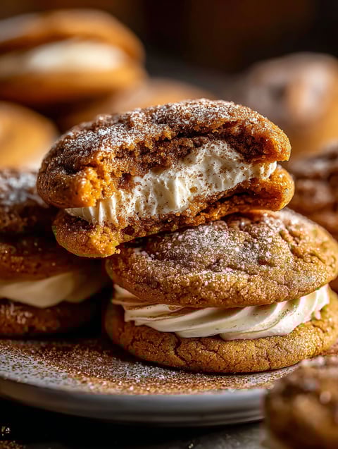 Galletas de calabaza con relleno cremoso y glaseado blanco.