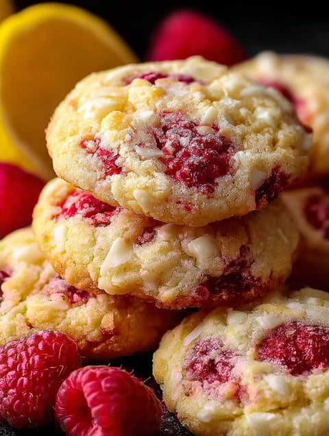Un montón de galletas con sabor a limón y frambuesa.