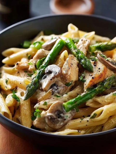 Un plato de penne con pollo, espárragos y hongos en salsa cremosa.
