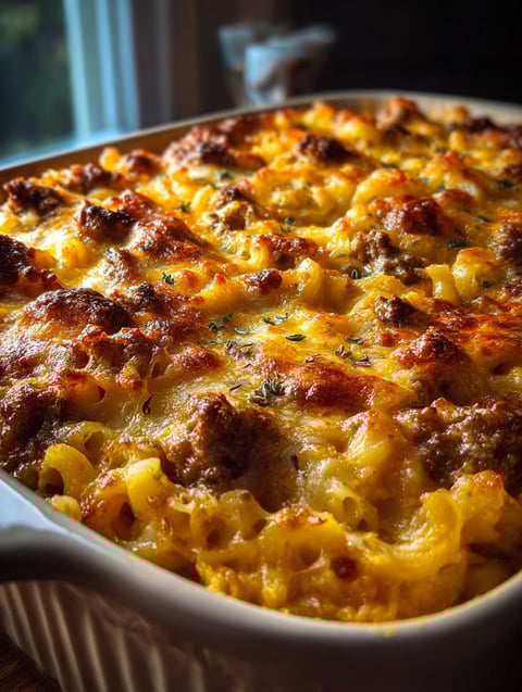 Plato de cazuela con carne y queso.