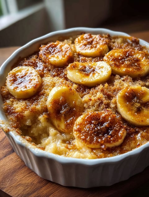 Una toma cercana de un cobbler de banana con topping crujiente.