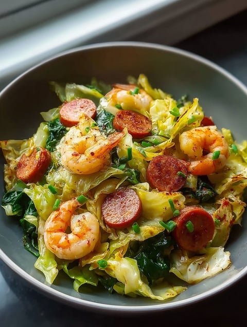 Un tazón con camarones, chorizo y repollo.