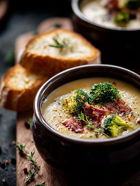 Un bol de sopa de brocoli con cheddar y una rebanada de pan al lado.