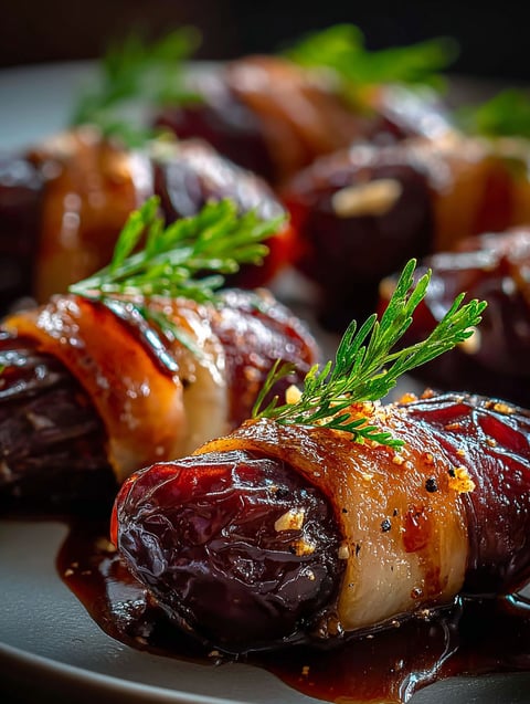 Dátiles envueltos en carne con condimentos.
