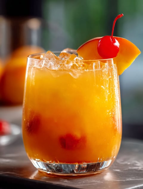 Un vaso con ponche de tequila y durazno.