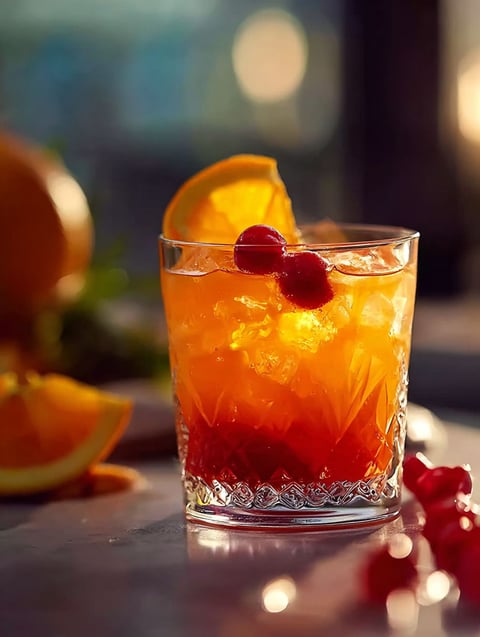 Vaso de Tequila Sunset con rodaja de naranja y cereza encima.