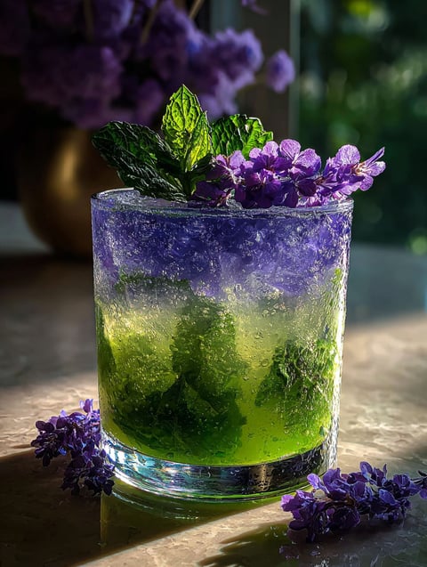 Un vaso de mojito lavanda sin alcohol.