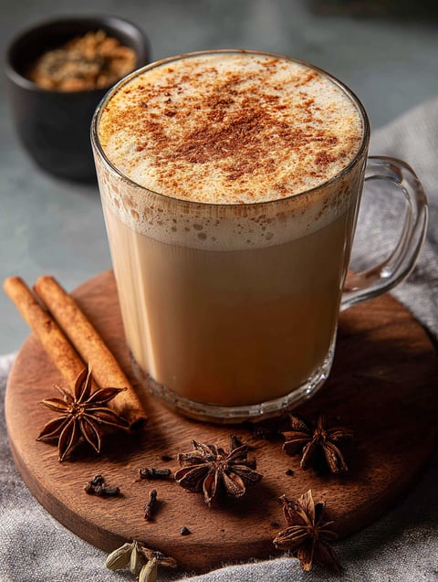 Un vaso de té con leche de canela y vainilla.