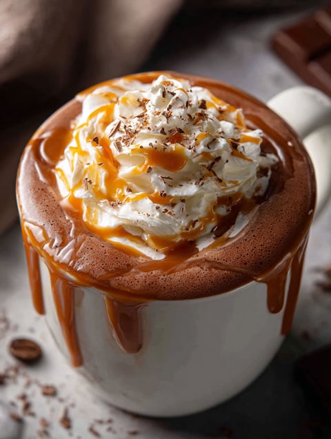 Una taza de chocolate caliente con caramelo salado.