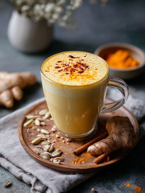 Taza de leche dorada cremosa con cúrcuma.
