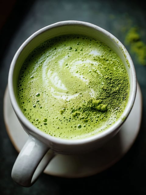 Una taza de latte verde con hojas de té verde dentro.