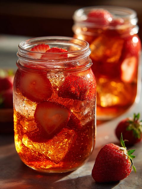 Un vaso de limonada con fresas dentro.