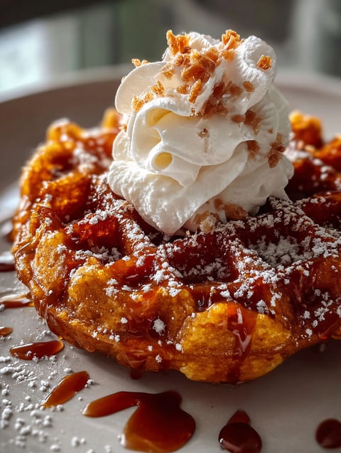 Un plato con waffles esponjosos de jengibre con crema batida encima.