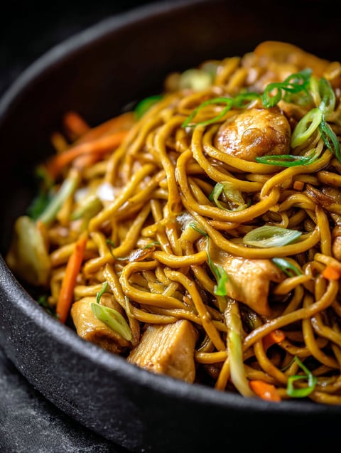 Un tazón de lo mein con pollo y verduras.