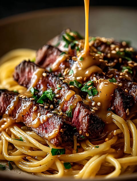 Plano cercano de un bistec delicioso con mantequilla de ajo y fideos al instante