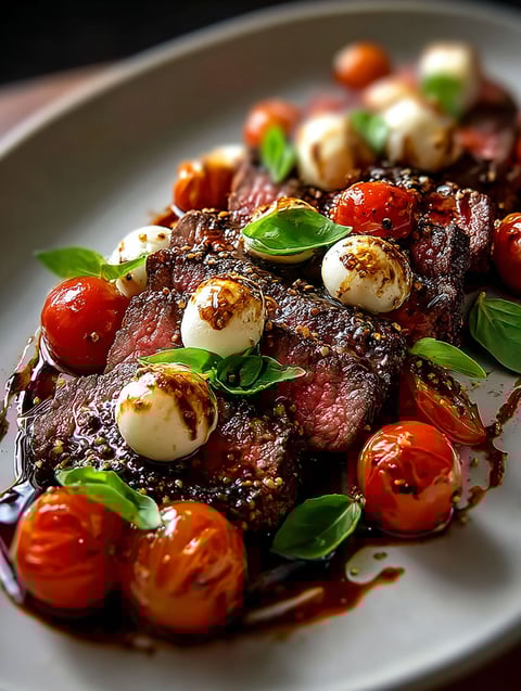 Un bife a la parrilla con tomates y queso.