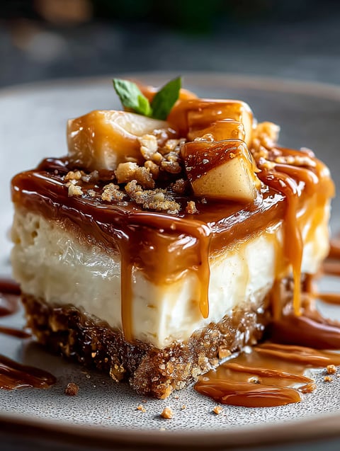Una porción de tarta de manzana con caramelo salado
