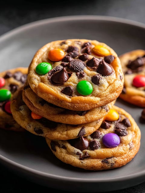 Un plato con galletas de chispas de chocolate y M&Ms.