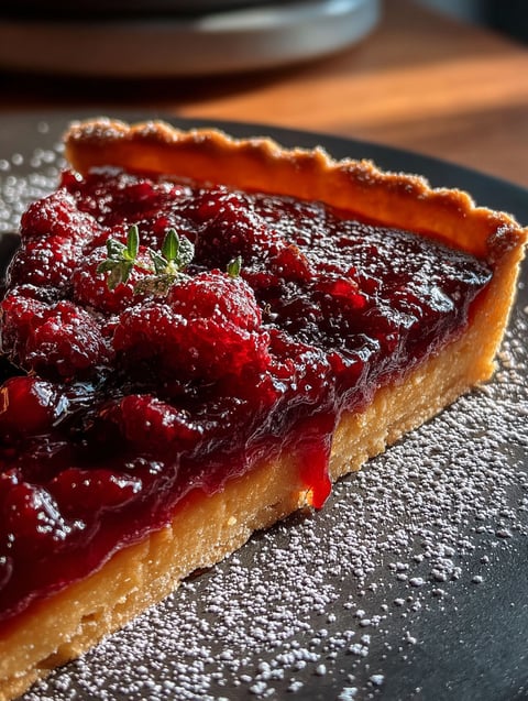 Un pedazo de tarta con curd de arándano y naranja.