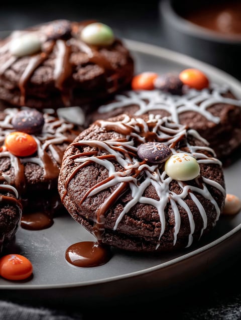 Galletas de chocolate con cobertura blanca y decoraciones coloridas.