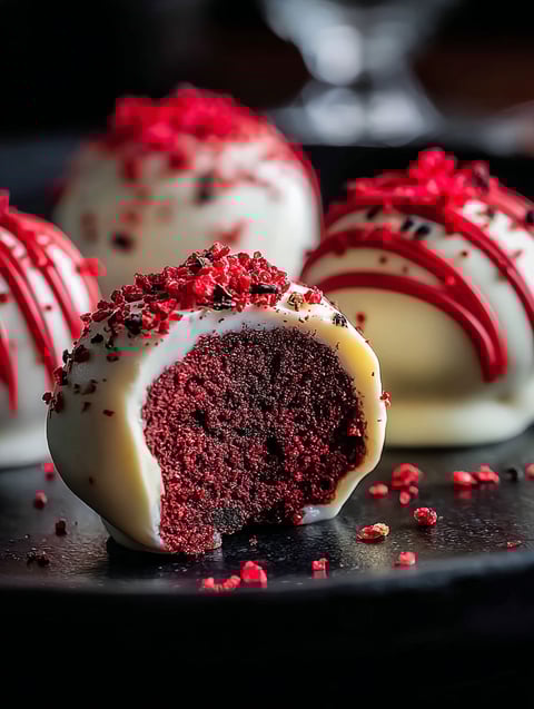 Cake pops de velvet rojo sobre plato negro.