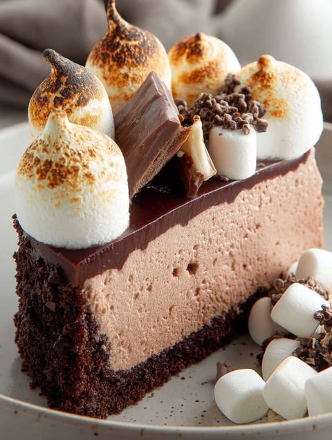 Una porción de cheesecake de chocolate caliente con marshmallows arriba.