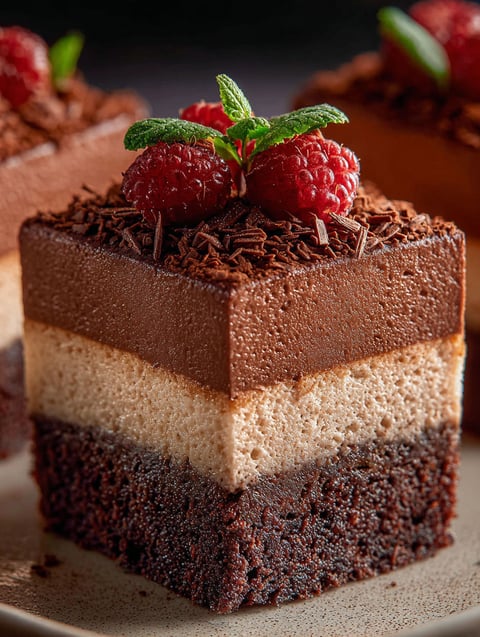 Una porción de brownies con mousse de chocolate y frambuesas encima.