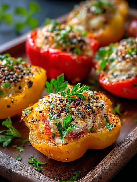 Pimientos rellenos sobre tabla de madera.