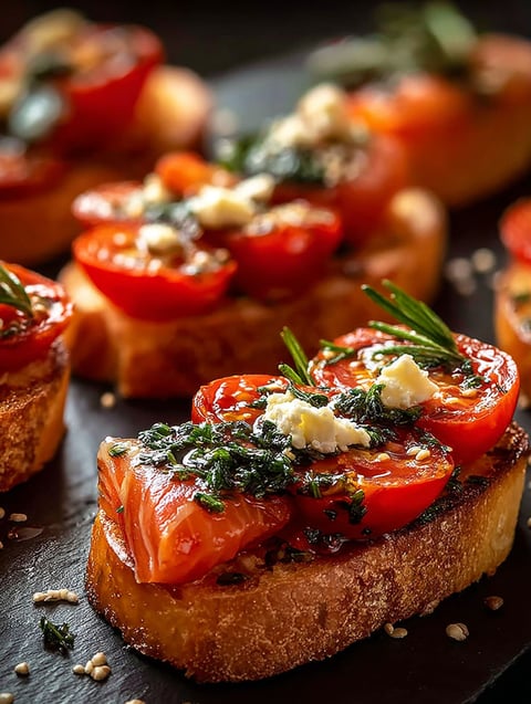 Un crostini con tomates y albahaca encima.