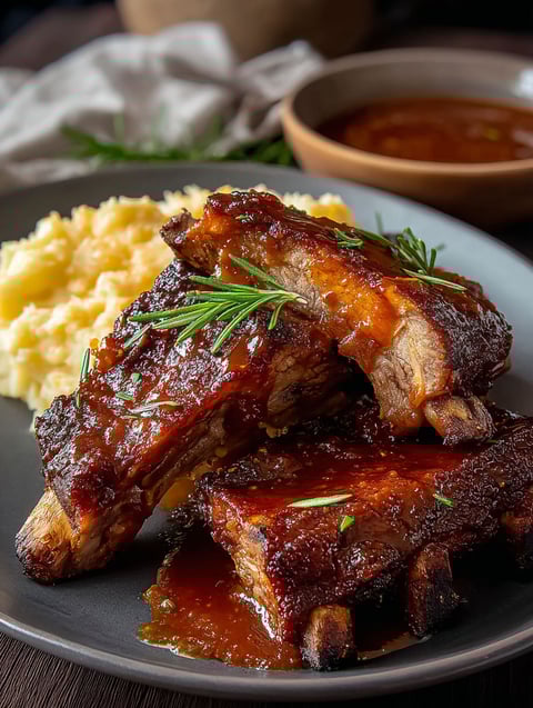 Un plato con costillas y salsa.