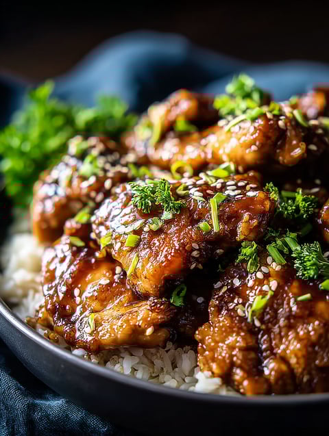 Un plato con muslos de pollo acompañado de arroz y guarnición.