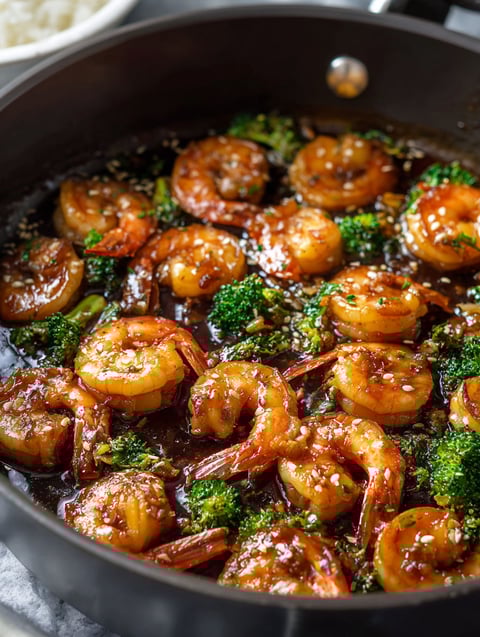 Una sartén con gambas, ajo y miel.